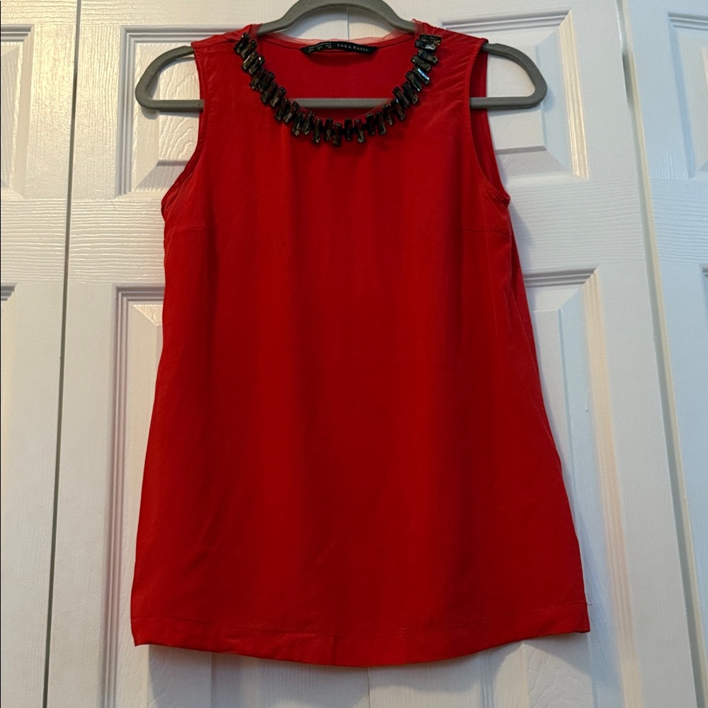 Zara Red Sleeveless Blouse with Black Embellishments